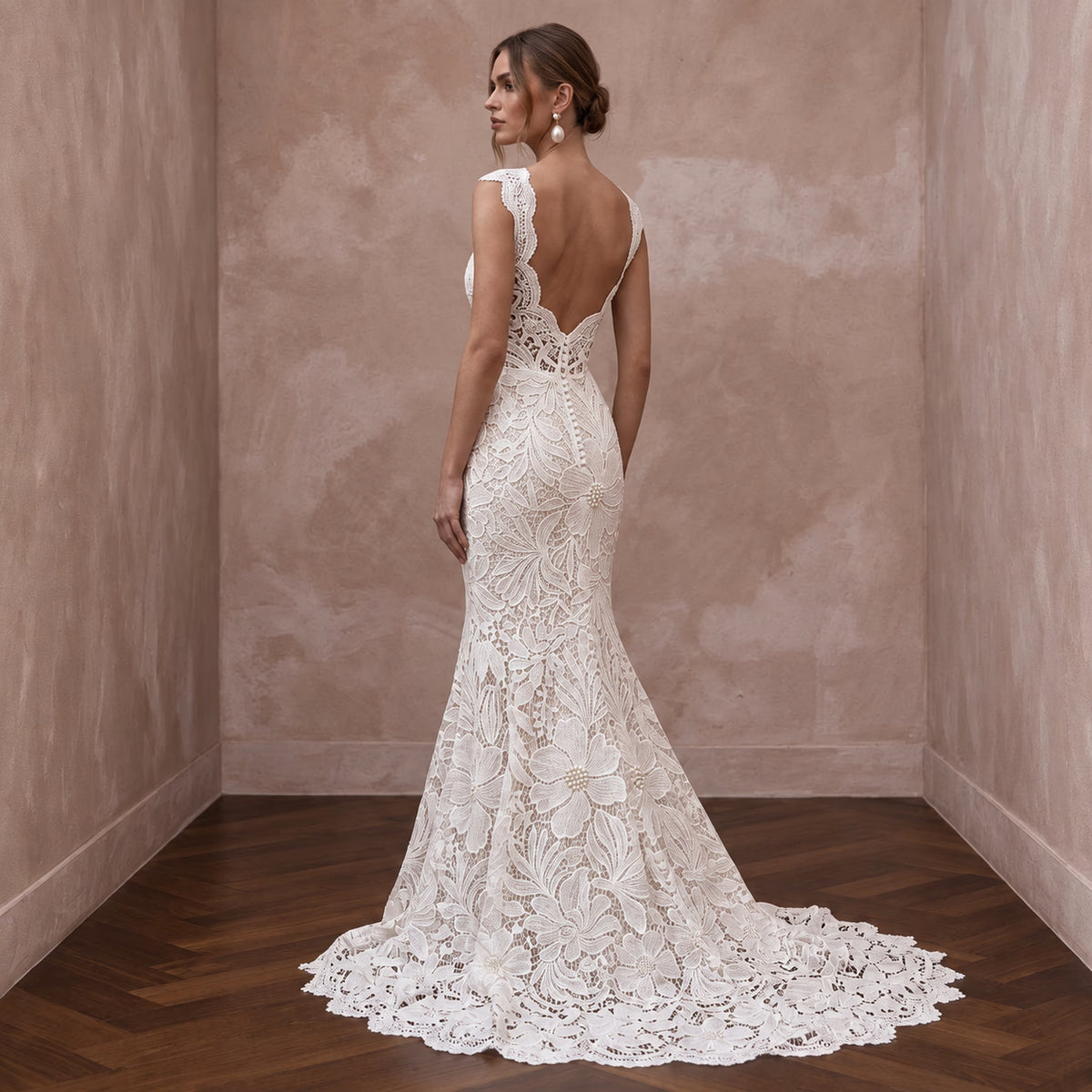 Ivory Floral Guipure Lace Trumpet Dress for Tropical Beach Ceremony