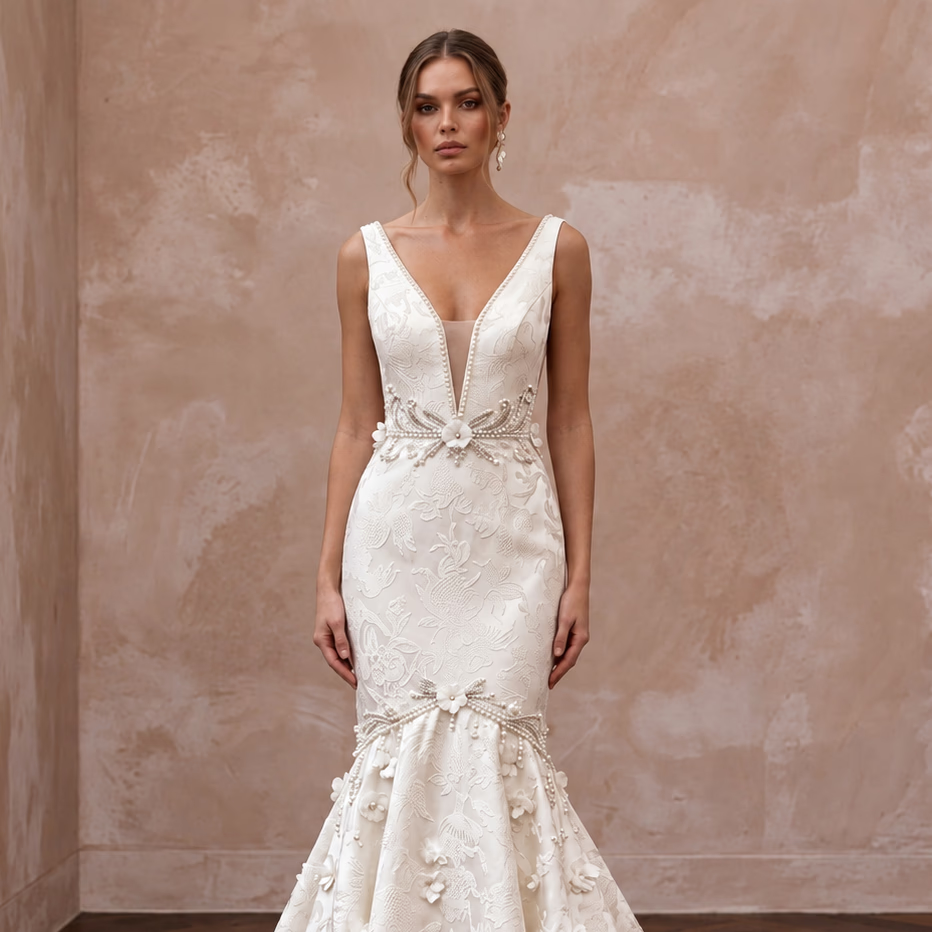 Ivory Floral Jacquard Plunge Neck Trumpet Wedding Gown - Apparel & Accessories > Clothing > Wedding & Bridal Party Dresses > Wedding Dresses - Mignonette Bridal