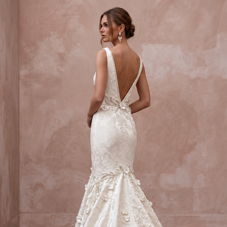Ivory Floral Jacquard Plunge Neck Trumpet Wedding Gown - Apparel & Accessories > Clothing > Wedding & Bridal Party Dresses > Wedding Dresses - Mignonette Bridal