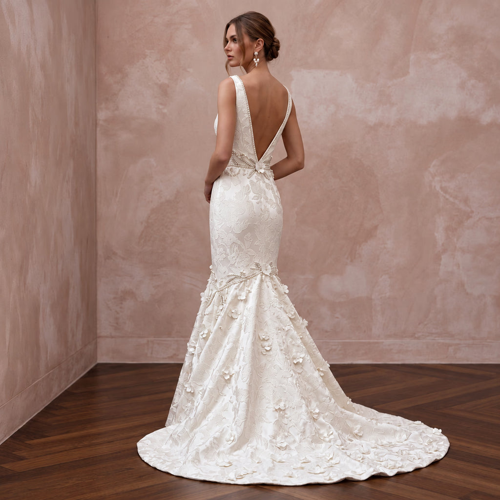 Ivory Floral Jacquard Plunge Neck Trumpet Wedding Gown - Apparel & Accessories > Clothing > Wedding & Bridal Party Dresses > Wedding Dresses - Mignonette Bridal