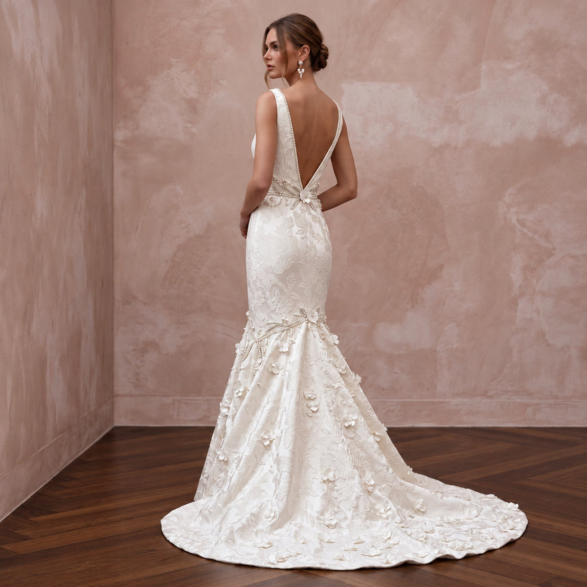 Ivory Floral Jacquard Plunge Neck Trumpet Wedding Gown - Apparel & Accessories > Clothing > Wedding & Bridal Party Dresses > Wedding Dresses - Mignonette Bridal