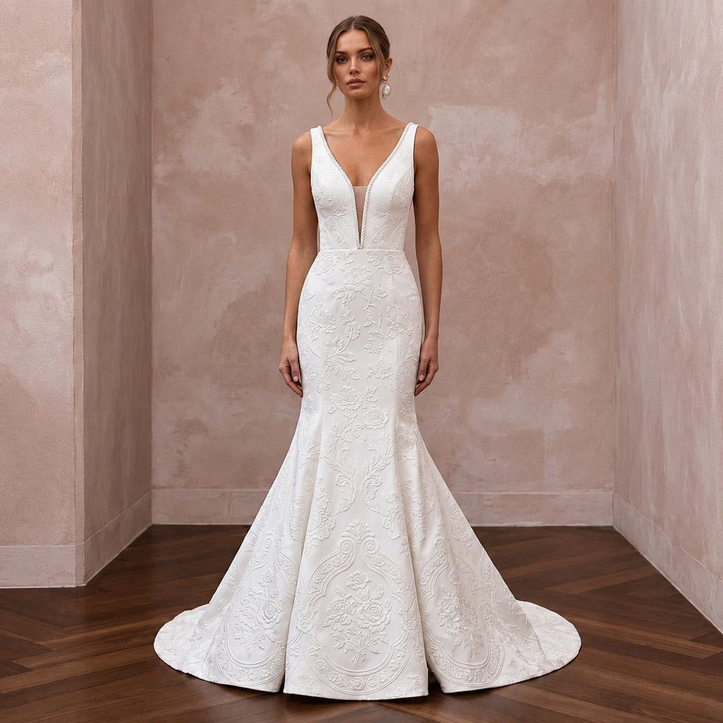 Ivory Floral Jacquard Plunge V - Neck Trumpet Wedding Dress - Apparel & Accessories > Clothing > Wedding & Bridal Party Dresses > Wedding Dresses - Mignonette Bridal