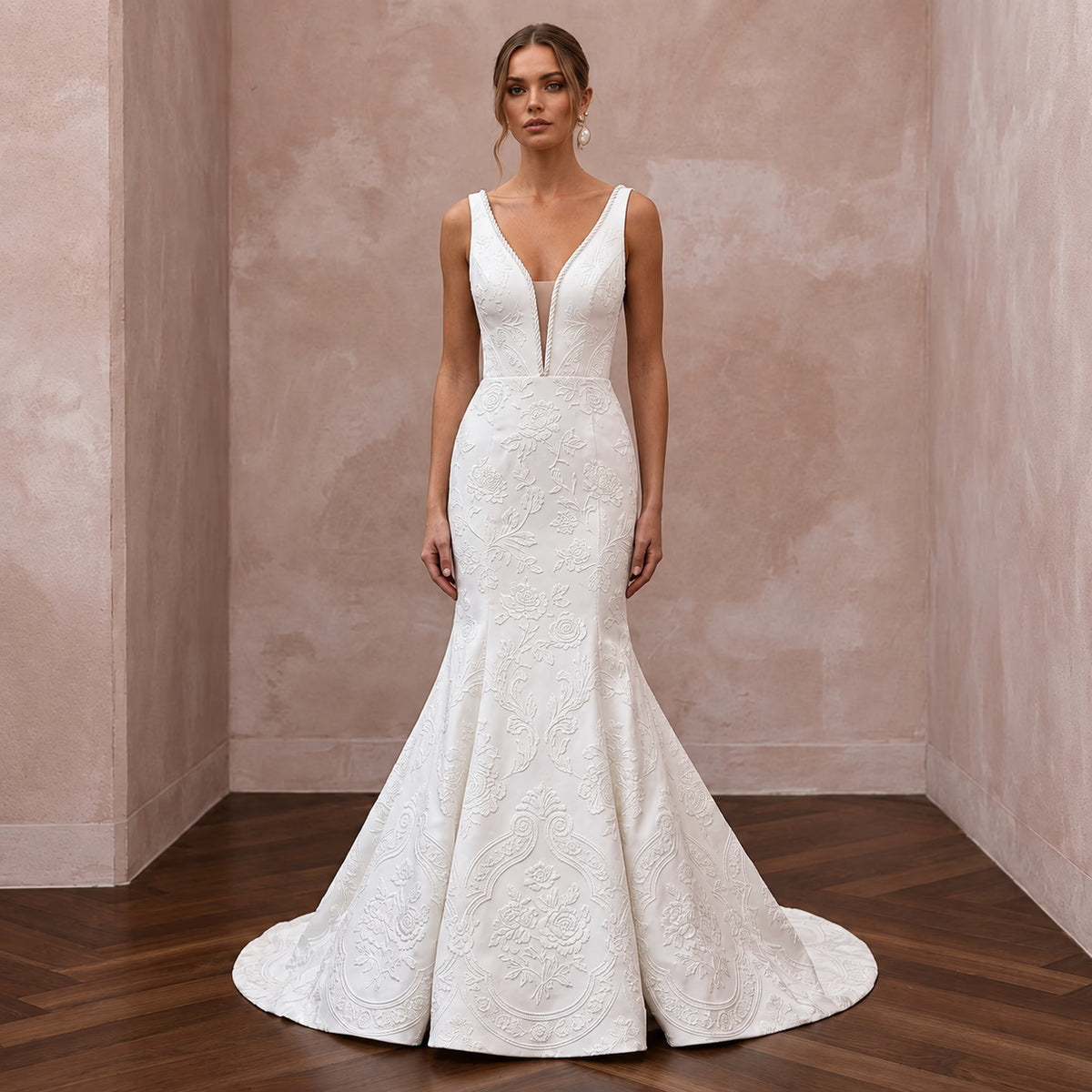 Ivory Floral Jacquard Plunge V - Neck Trumpet Wedding Dress - Apparel & Accessories > Clothing > Wedding & Bridal Party Dresses > Wedding Dresses - Mignonette Bridal