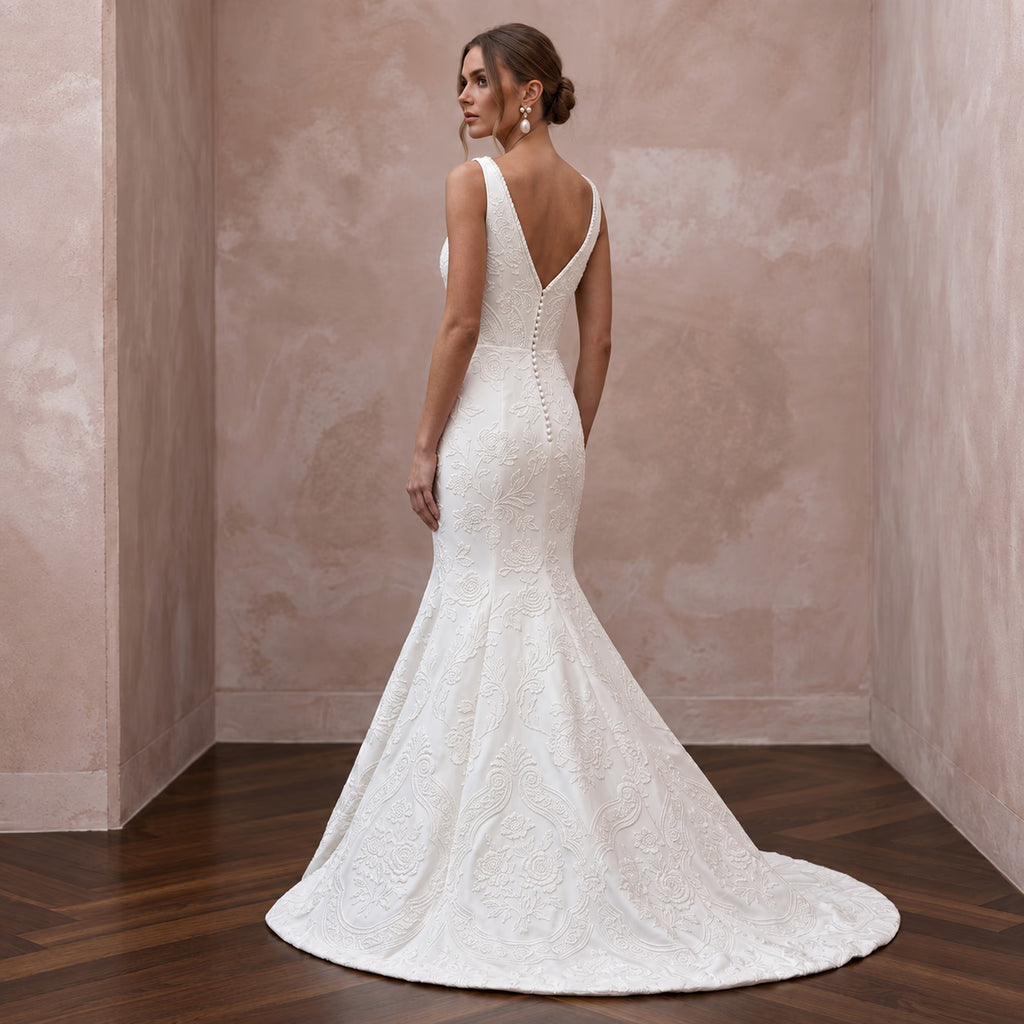 Ivory Floral Jacquard Plunge V - Neck Trumpet Wedding Dress - Apparel & Accessories > Clothing > Wedding & Bridal Party Dresses > Wedding Dresses - Mignonette Bridal