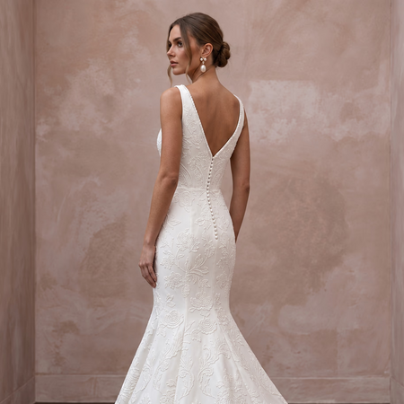 Ivory Floral Jacquard Plunge V - Neck Trumpet Wedding Dress - Apparel & Accessories > Clothing > Wedding & Bridal Party Dresses > Wedding Dresses - Mignonette Bridal