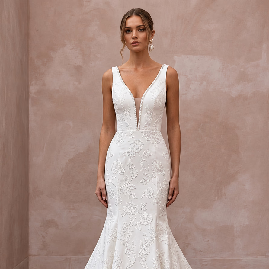 Ivory Floral Jacquard Plunge V - Neck Trumpet Wedding Dress - Apparel & Accessories > Clothing > Wedding & Bridal Party Dresses > Wedding Dresses - Mignonette Bridal