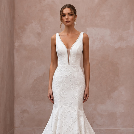 Ivory Floral Jacquard Plunge V - Neck Trumpet Wedding Dress - Apparel & Accessories > Clothing > Wedding & Bridal Party Dresses > Wedding Dresses - Mignonette Bridal