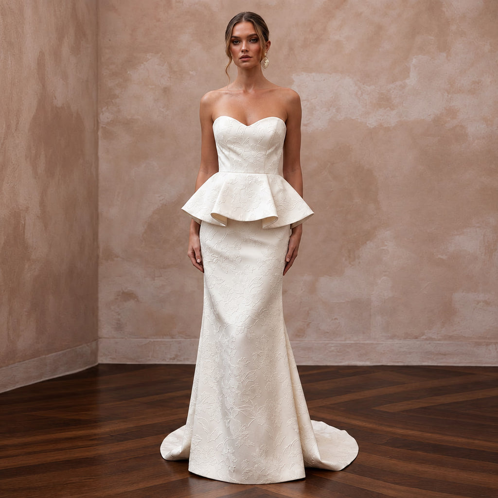 Ivory Floral Jacquard Strapless Peplum Bodice Reception Gown