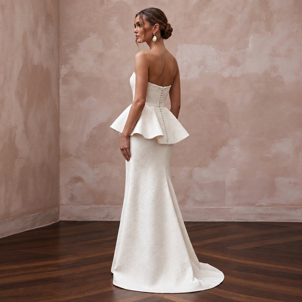 Ivory Floral Jacquard Strapless Peplum Bodice Reception Gown