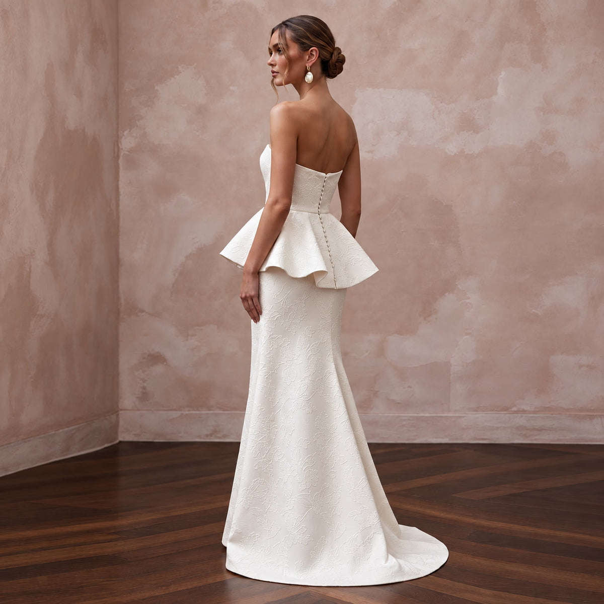 Ivory Floral Jacquard Strapless Peplum Bodice Reception Gown