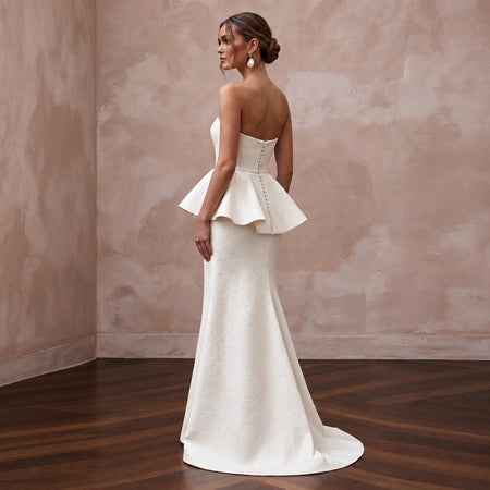Ivory Floral Jacquard Strapless Peplum Bodice Reception Gown
