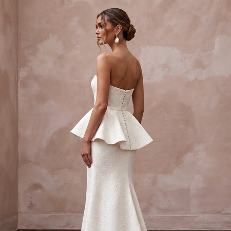 Ivory Floral Jacquard Strapless Peplum Bodice Reception Gown