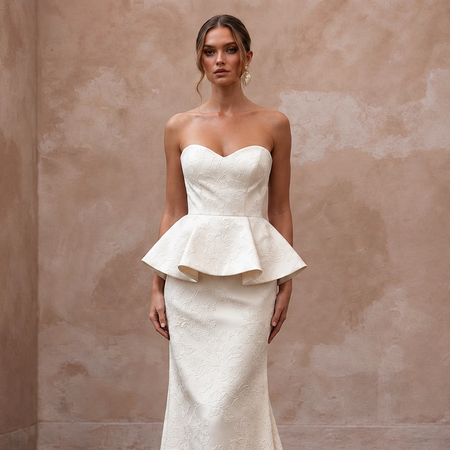 Ivory Floral Jacquard Strapless Peplum Bodice Reception Gown