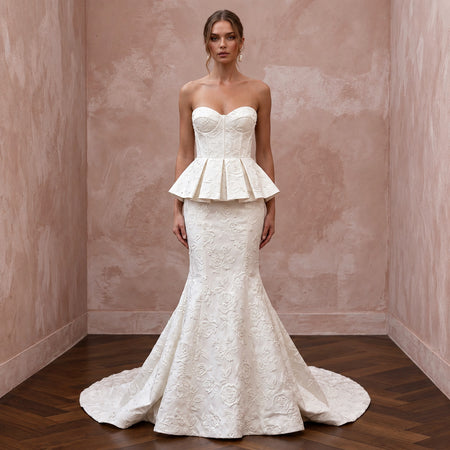 Ivory Floral Jacquard Strapless Peplum Bodice Trumpet Gown