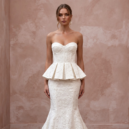 Ivory Floral Jacquard Strapless Peplum Bodice Trumpet Gown