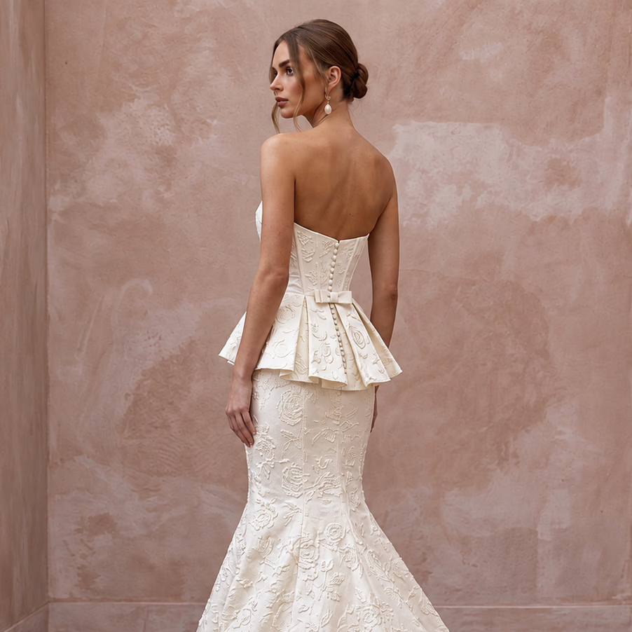 Ivory Floral Jacquard Strapless Peplum Bodice Trumpet Gown