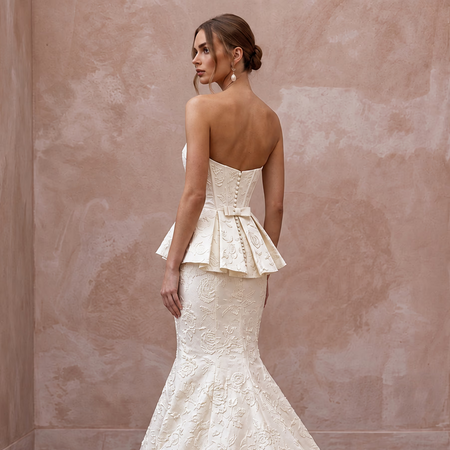Ivory Floral Jacquard Strapless Peplum Bodice Trumpet Gown