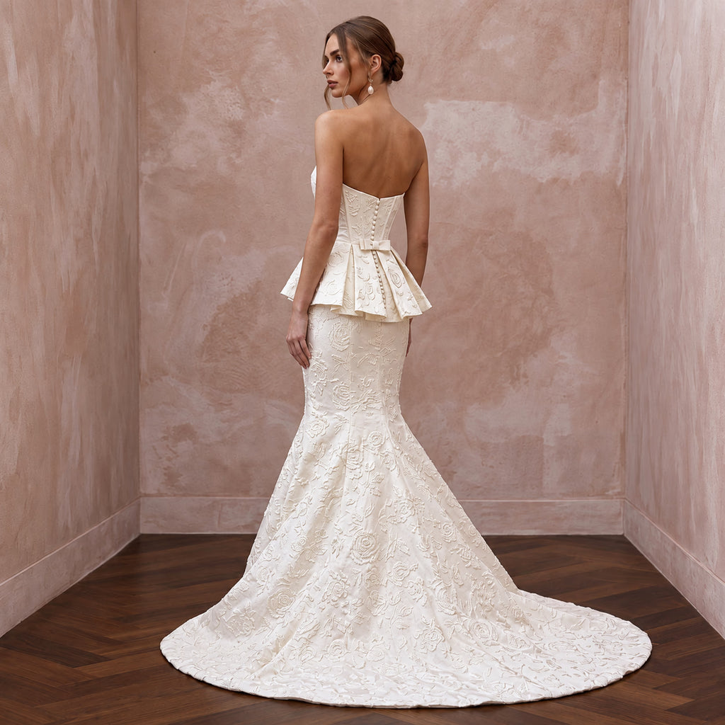 Ivory Floral Jacquard Strapless Peplum Bodice Trumpet Gown