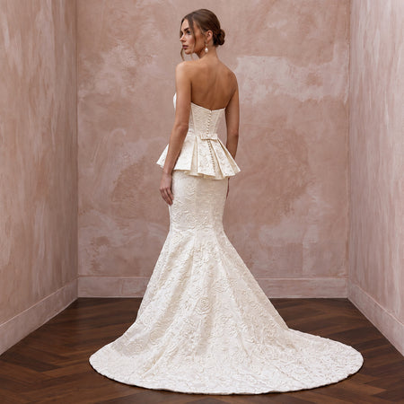Ivory Floral Jacquard Strapless Peplum Bodice Trumpet Gown