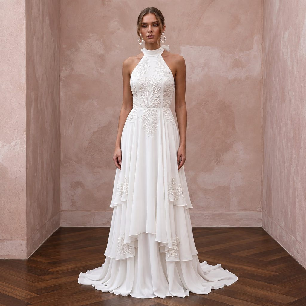 Ivory Georgette Halter Neck Flowing A-Line Beach Destination Wedding Dress