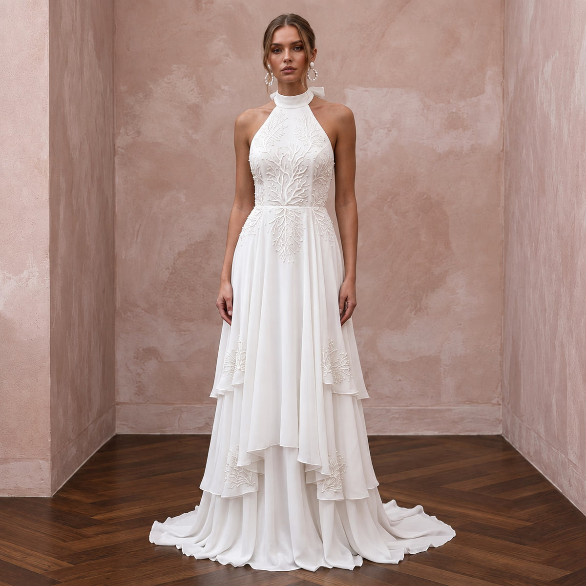 Ivory Georgette Halter Neck Flowing A-Line Beach Destination Wedding Dress