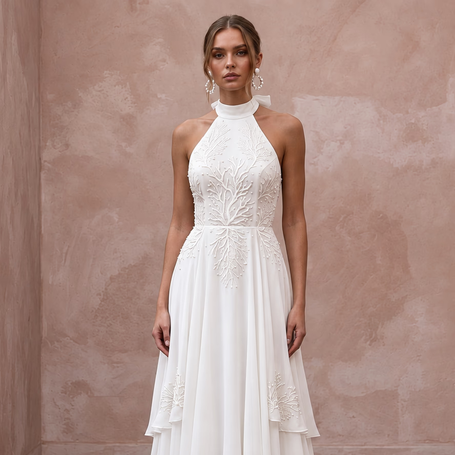 Ivory Georgette Halter Neck Flowing A-Line Beach Destination Wedding Dress