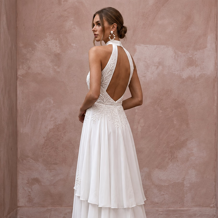 Ivory Georgette Halter Neck Flowing A-Line Beach Destination Wedding Dress