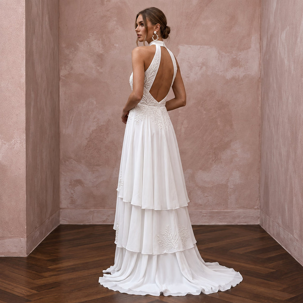 Ivory Georgette Halter Neck Flowing A-Line Beach Destination Wedding Dress