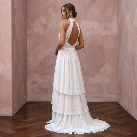Ivory Georgette Halter Neck Flowing A-Line Beach Destination Wedding Dress