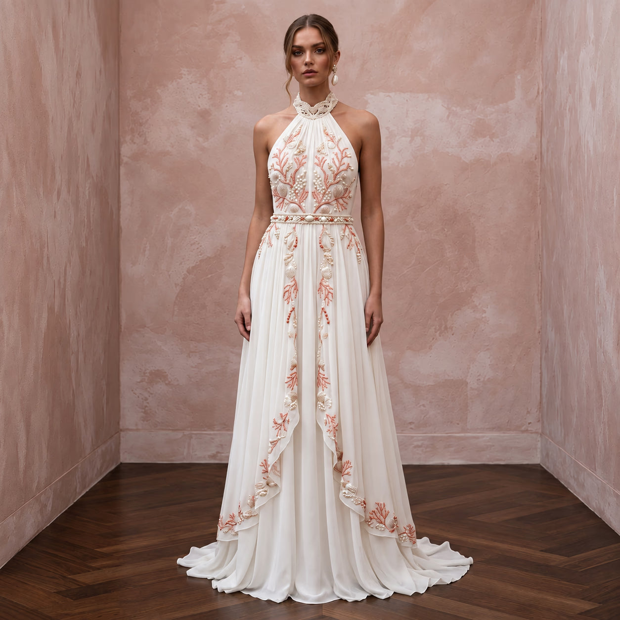 Ivory Georgette Halter Neck Flowing A - Line Beach Wedding Dress - Apparel & Accessories > Clothing > Wedding & Bridal Party Dresses > Wedding Dresses - Mignonette Bridal