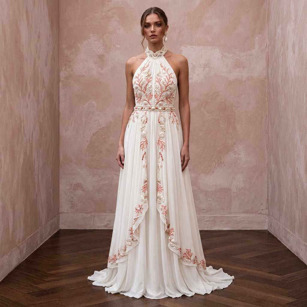 Ivory Georgette Halter Neck Flowing A - Line Beach Wedding Dress - Apparel & Accessories > Clothing > Wedding & Bridal Party Dresses > Wedding Dresses - Mignonette Bridal