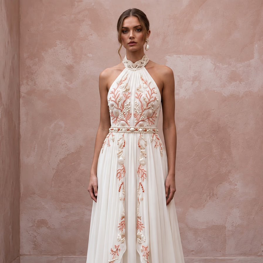 Ivory Georgette Halter Neck Flowing A - Line Beach Wedding Dress - Apparel & Accessories > Clothing > Wedding & Bridal Party Dresses > Wedding Dresses - Mignonette Bridal