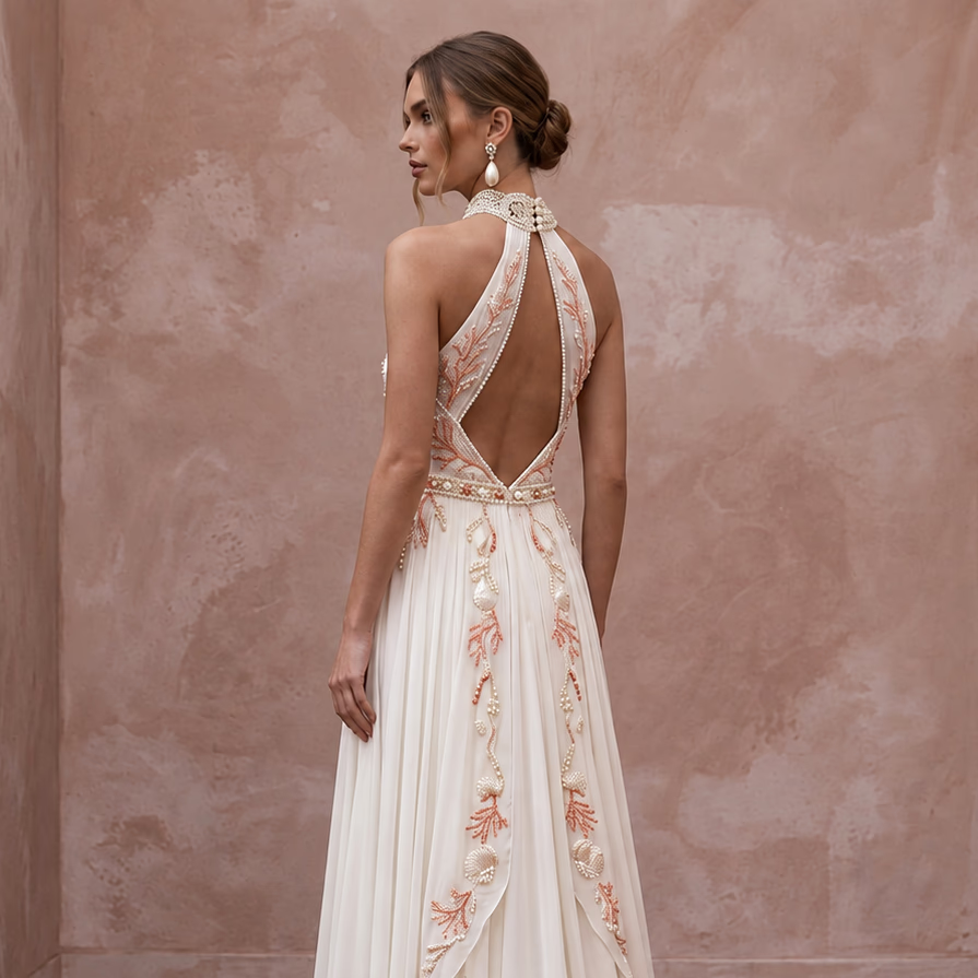 Ivory Georgette Halter Neck Flowing A - Line Beach Wedding Dress - Apparel & Accessories > Clothing > Wedding & Bridal Party Dresses > Wedding Dresses - Mignonette Bridal