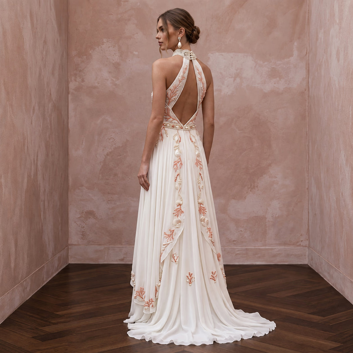 Ivory Georgette Halter Neck Flowing A - Line Beach Wedding Dress - Apparel & Accessories > Clothing > Wedding & Bridal Party Dresses > Wedding Dresses - Mignonette Bridal