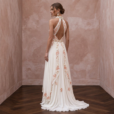 Ivory Georgette Halter Neck Flowing A - Line Beach Wedding Dress - Apparel & Accessories > Clothing > Wedding & Bridal Party Dresses > Wedding Dresses - Mignonette Bridal