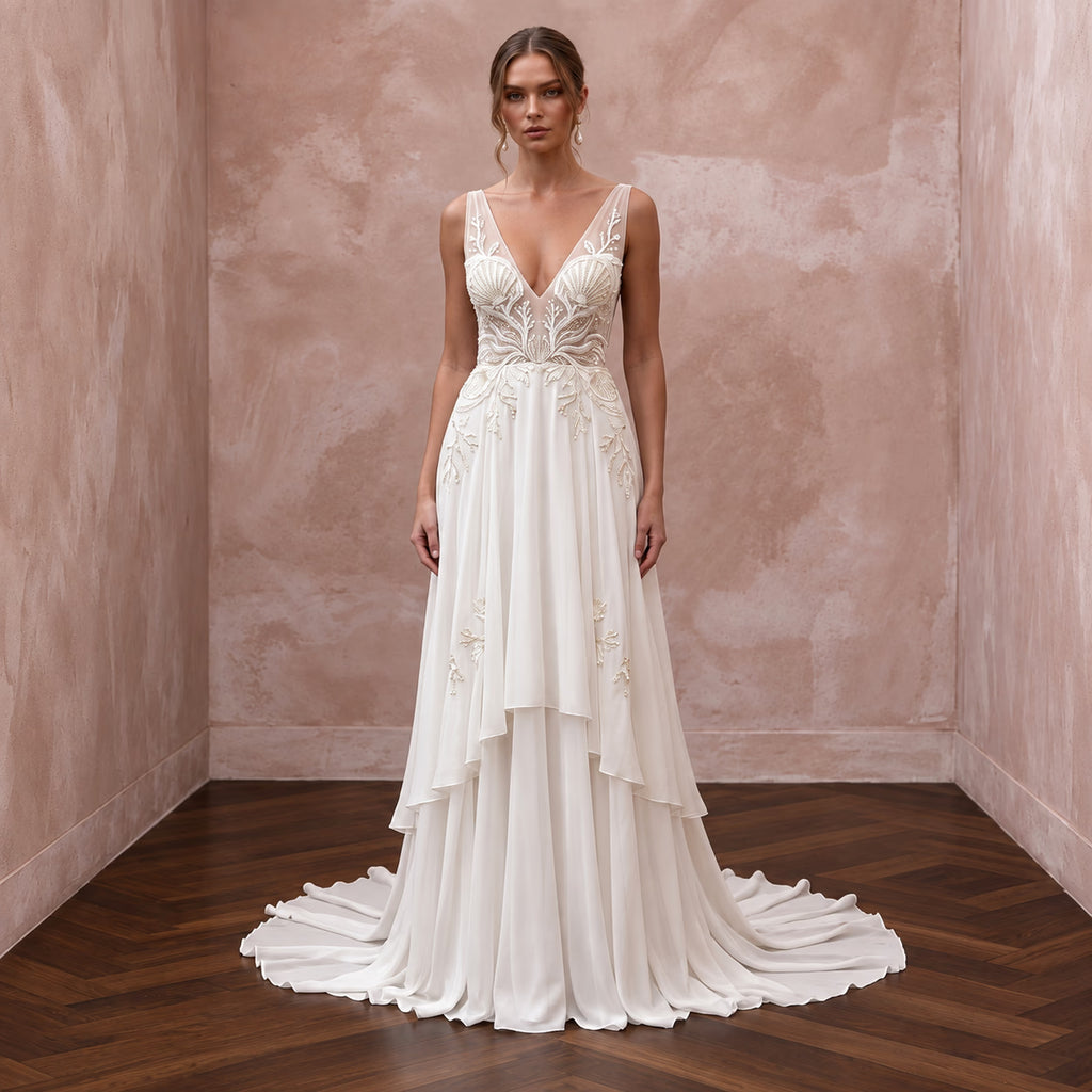 Ivory Georgette Plunge V-Neck Flowing Destination Bridal Gown