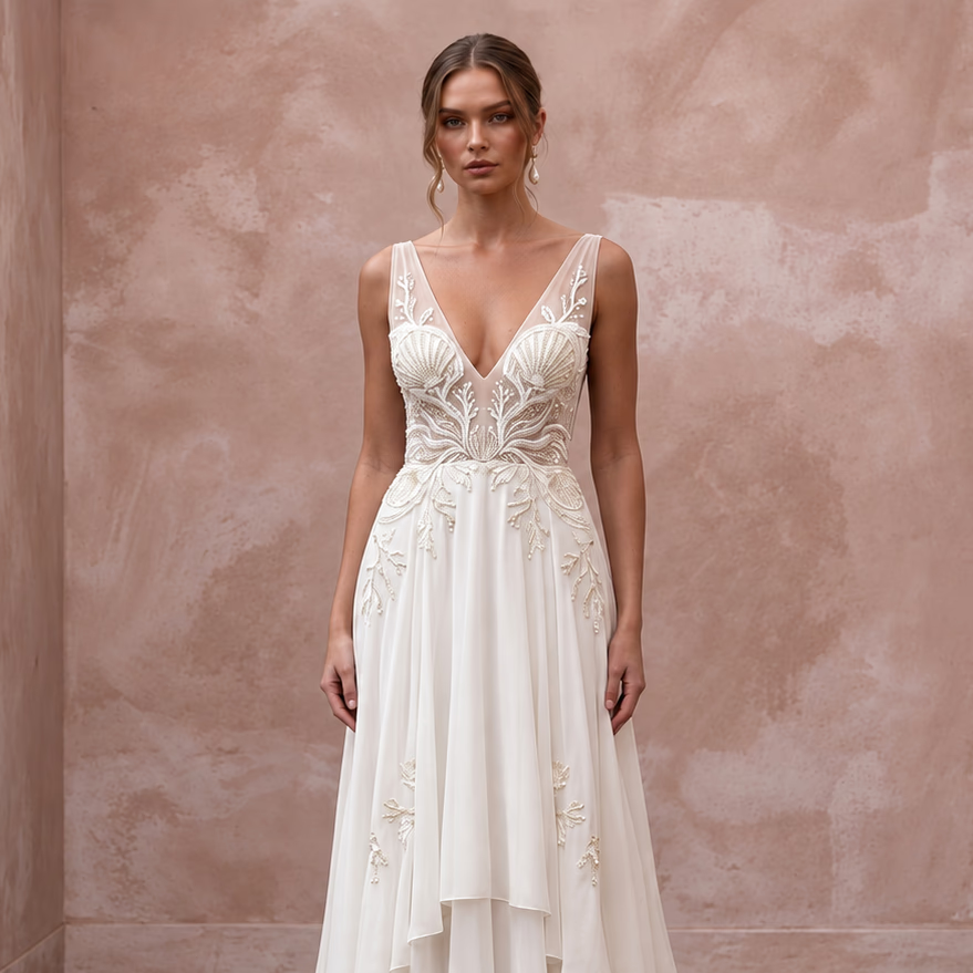 Ivory Georgette Plunge V-Neck Flowing Destination Bridal Gown
