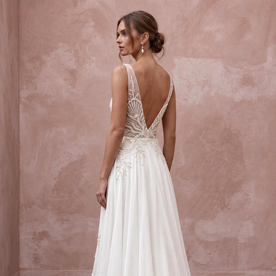 Ivory Georgette Plunge V-Neck Flowing Destination Bridal Gown
