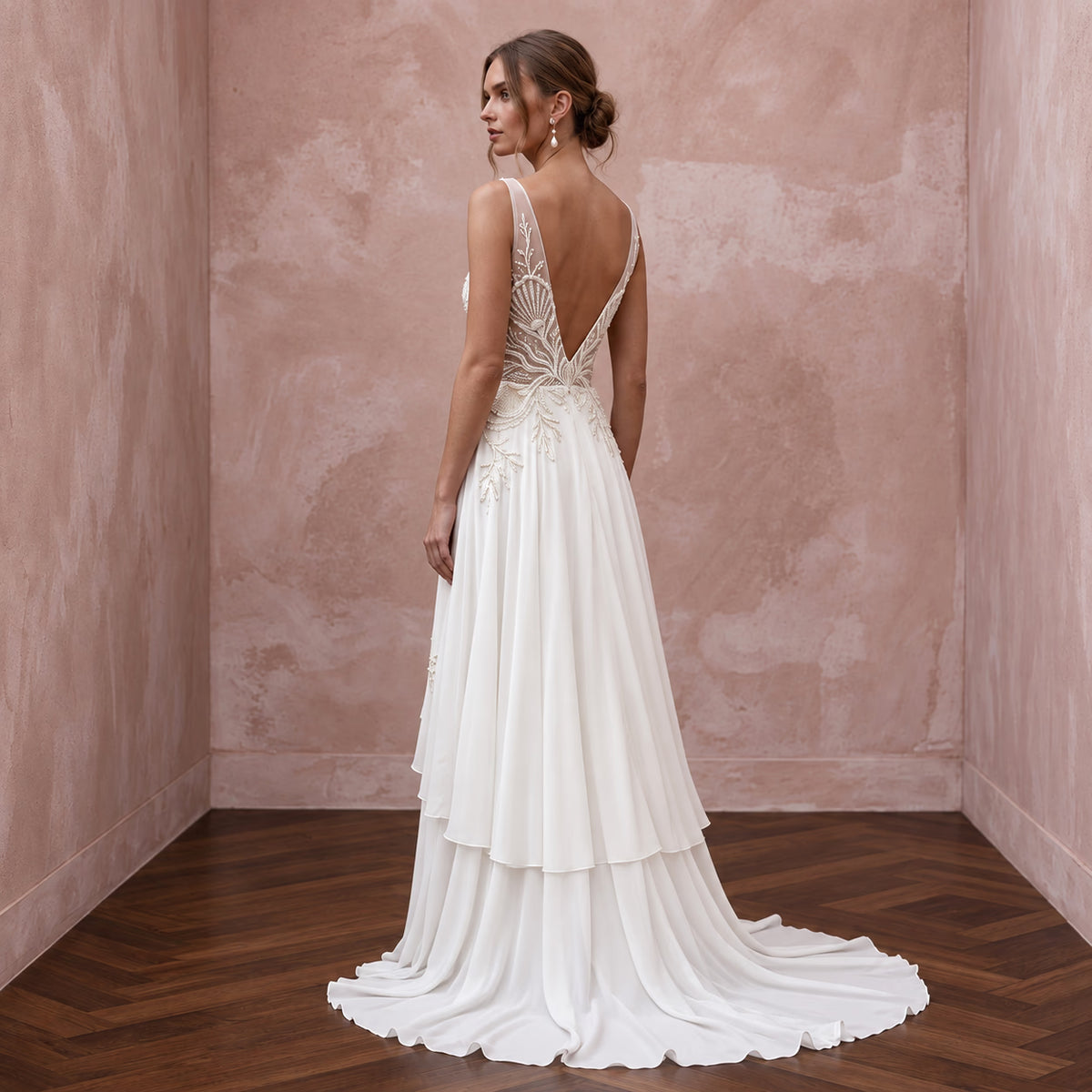 Ivory Georgette Plunge V-Neck Flowing Destination Bridal Gown