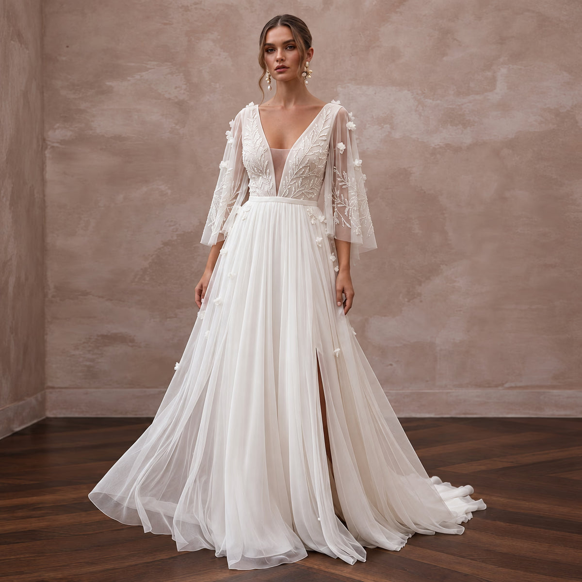Ivory Georgette Plunge V-Neck Flowing Maxi Dress for Tropical Elopement