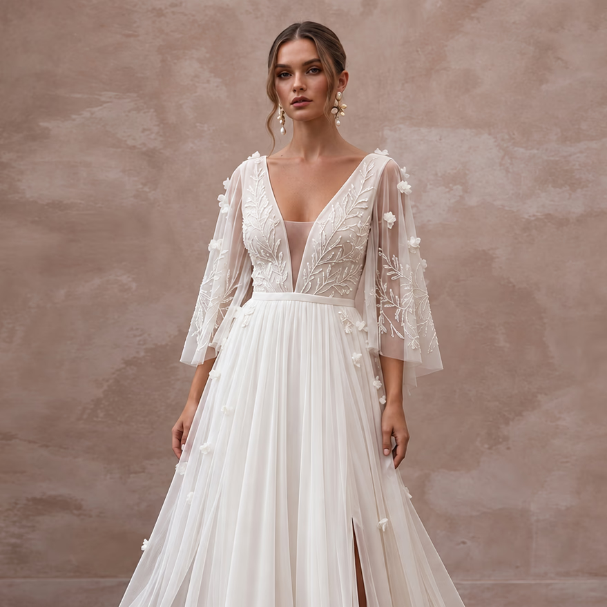 Ivory Georgette Plunge V-Neck Flowing Maxi Dress for Tropical Elopement