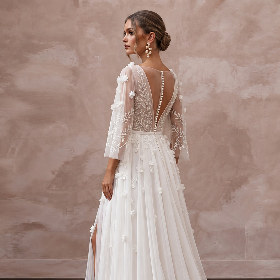 Ivory Georgette Plunge V-Neck Flowing Maxi Dress for Tropical Elopement