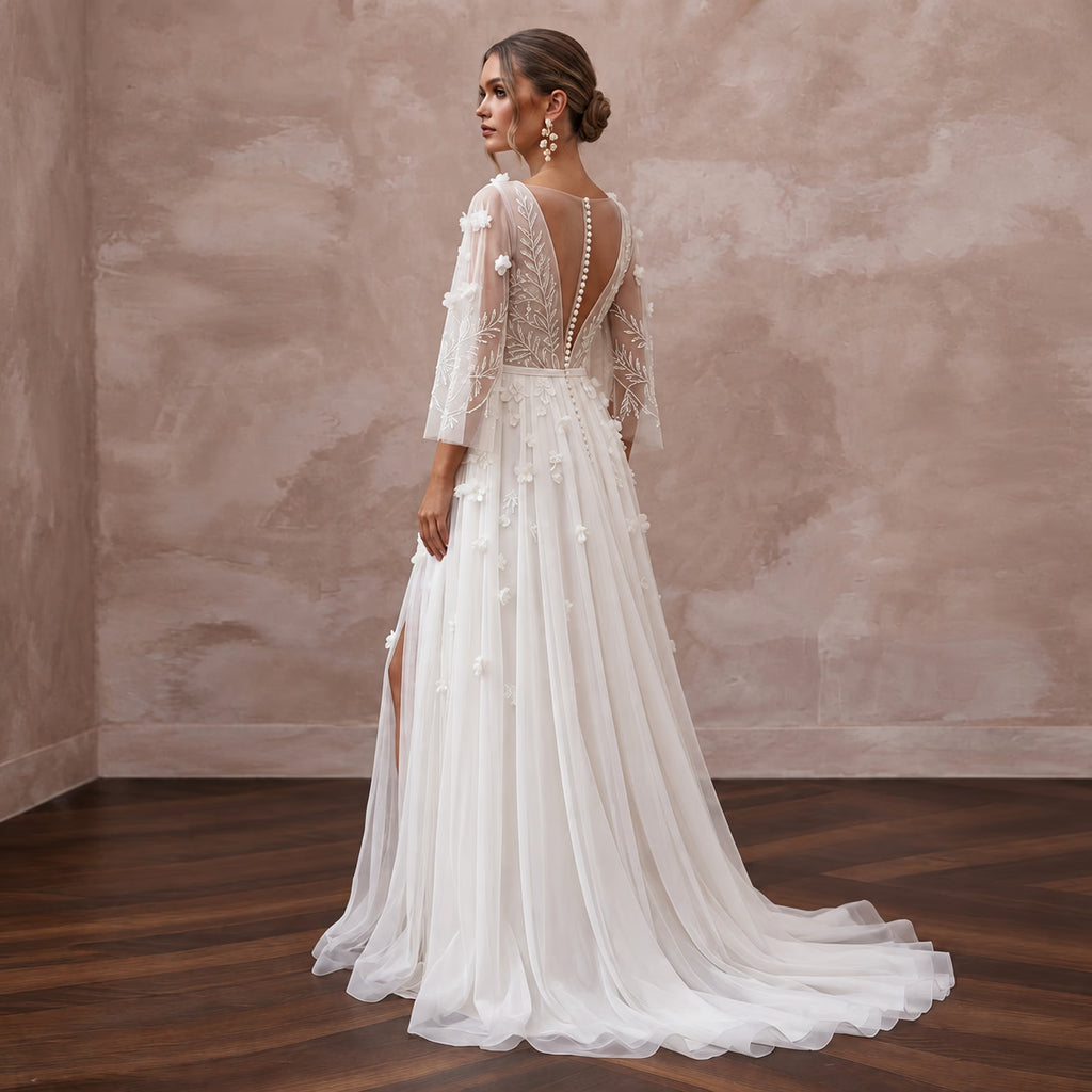 Ivory Georgette Plunge V-Neck Flowing Maxi Dress for Tropical Elopement