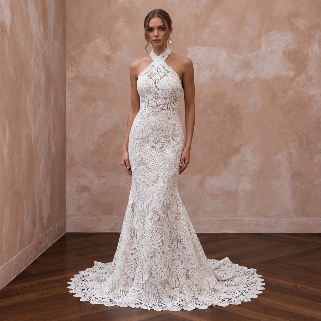Ivory Guipure Lace Halter Neck Mermaid Gown for Tropical Destination - Apparel & Accessories > Clothing > Wedding & Bridal Party Dresses > Wedding Dresses - Mignonette Bridal