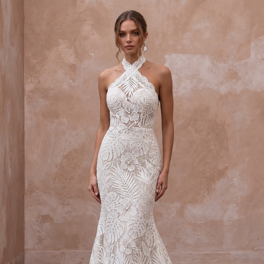 Ivory Guipure Lace Halter Neck Mermaid Gown for Tropical Destination - Apparel & Accessories > Clothing > Wedding & Bridal Party Dresses > Wedding Dresses - Mignonette Bridal