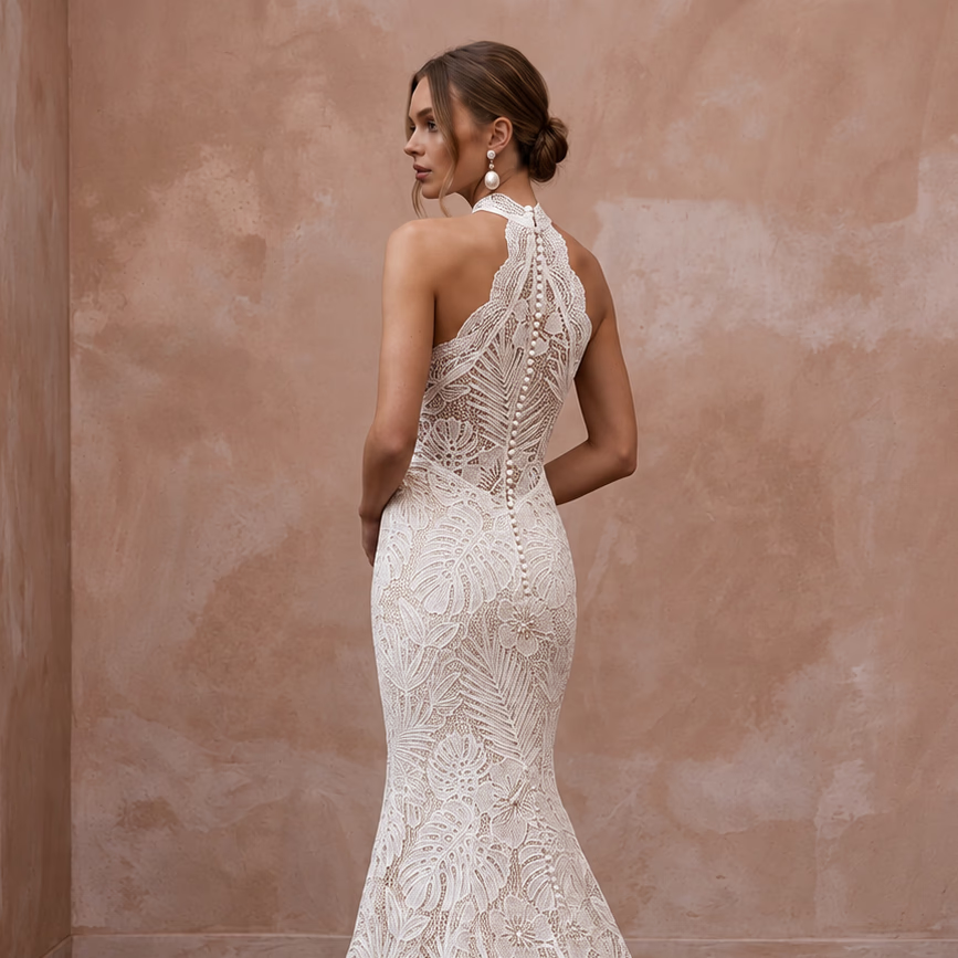 Ivory Guipure Lace Halter Neck Mermaid Gown for Tropical Destination - Apparel & Accessories > Clothing > Wedding & Bridal Party Dresses > Wedding Dresses - Mignonette Bridal
