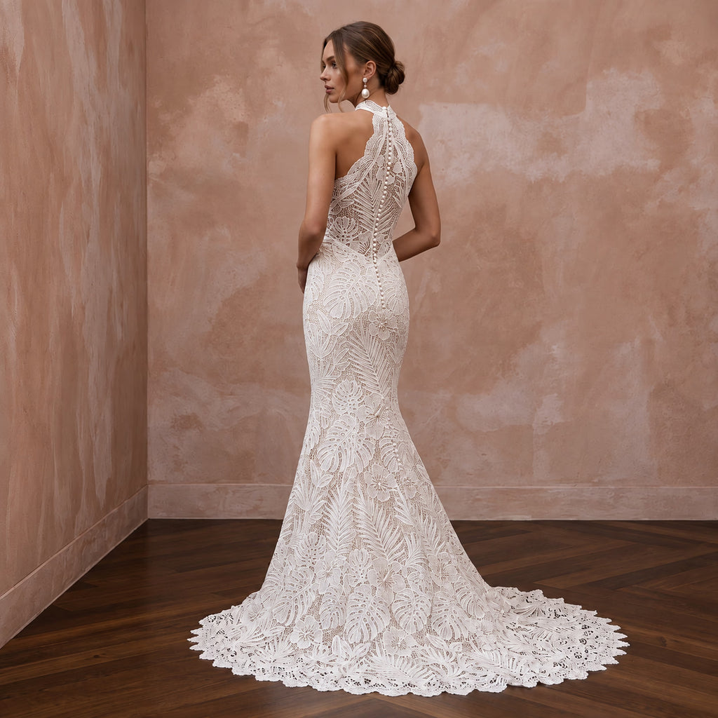 Ivory Guipure Lace Halter Neck Mermaid Gown for Tropical Destination - Apparel & Accessories > Clothing > Wedding & Bridal Party Dresses > Wedding Dresses - Mignonette Bridal