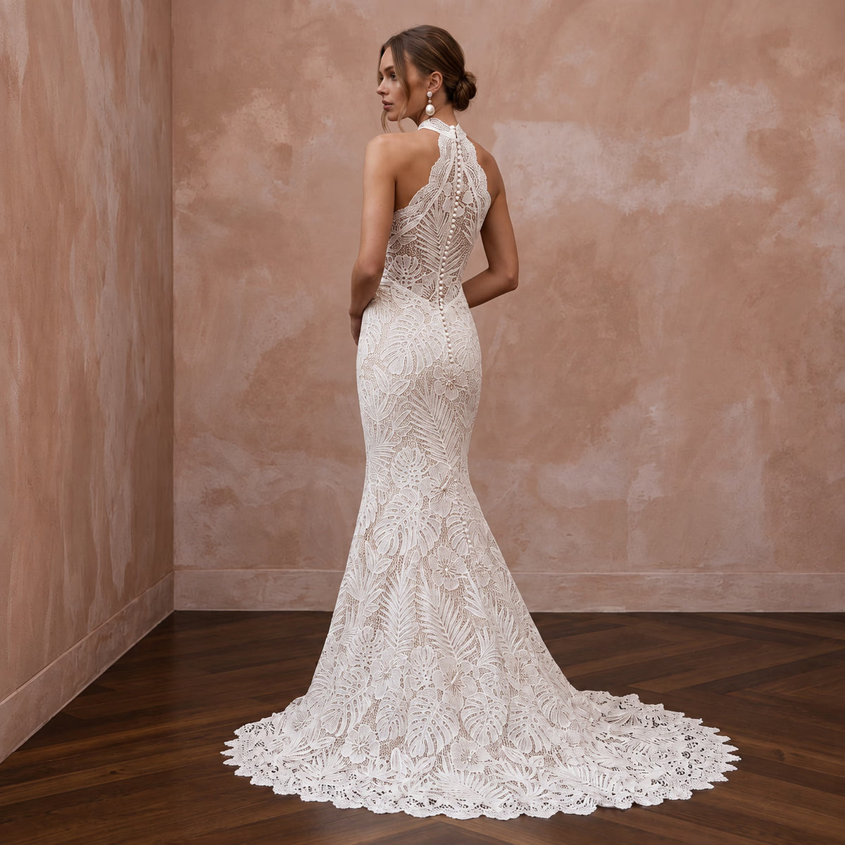 Ivory Guipure Lace Halter Neck Mermaid Gown for Tropical Destination - Apparel & Accessories > Clothing > Wedding & Bridal Party Dresses > Wedding Dresses - Mignonette Bridal