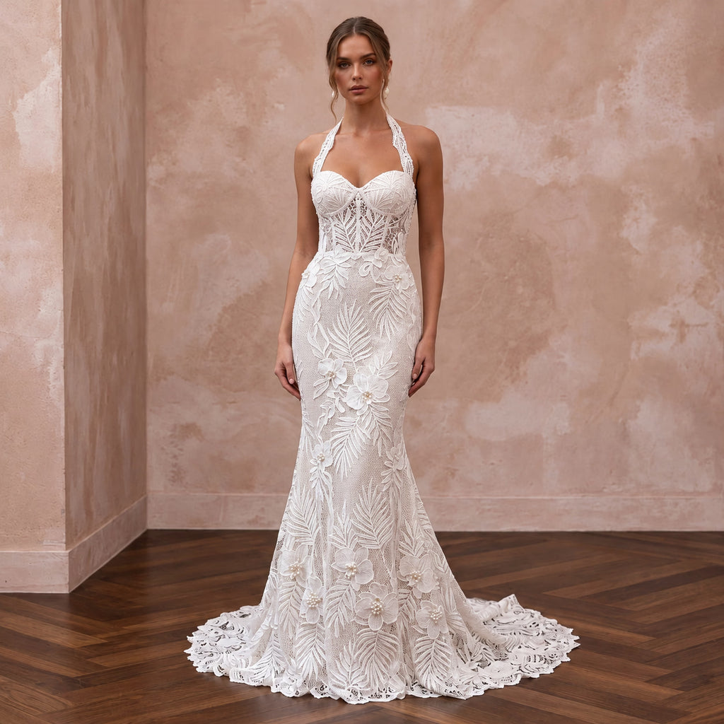 Ivory Guipure Lace Halter Neck Mermaid Gown for Tropical Vows