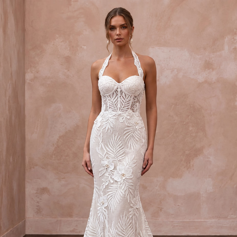 Ivory Guipure Lace Halter Neck Mermaid Gown for Tropical Vows